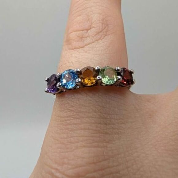 Vintage Multi Stone Rainbow Sterling Silver Ring Size 7 - Picture 2 of 6